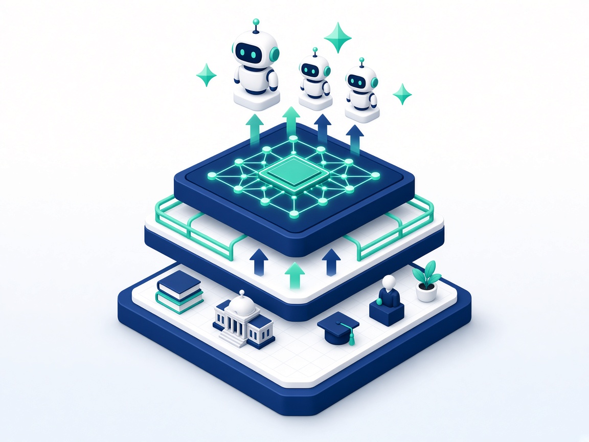 Isometric stack: institution data at the bottom, a glowing intelligence layer with guardrails in the middle, and AI assistants above