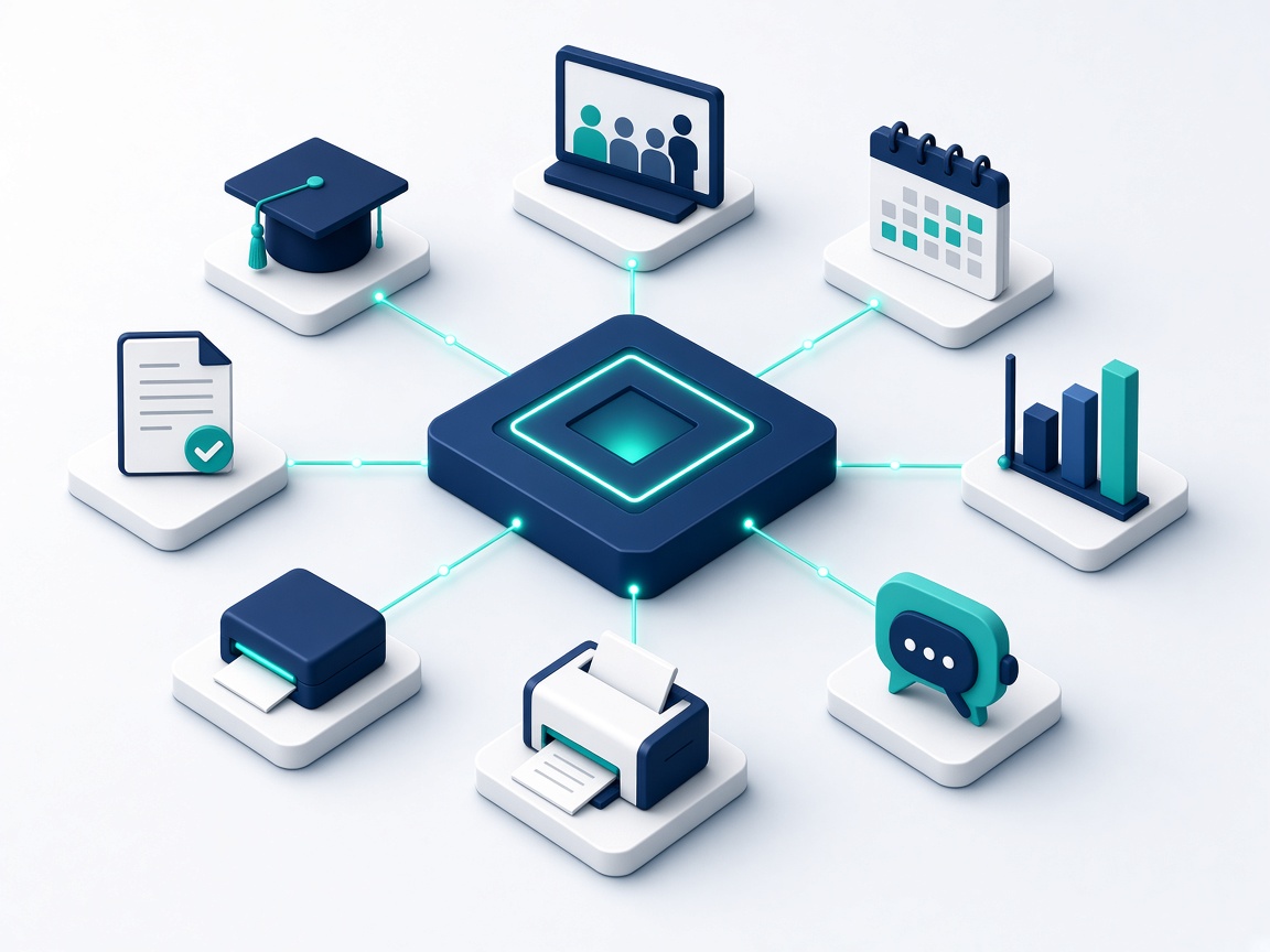 Isometric illustration of a central platform hub connected to admissions, learning, examination, scanning, printing, AI and analytics modules
