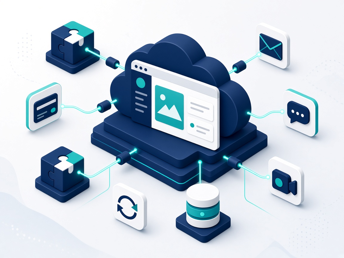 Isometric cloud platform with a branded portal, connected to payments, email, messaging, video, webhooks and data storage