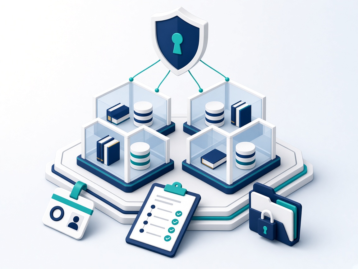 Isometric illustration of separate glass data compartments under a shield, with an access badge, an audit checklist and a locked folder