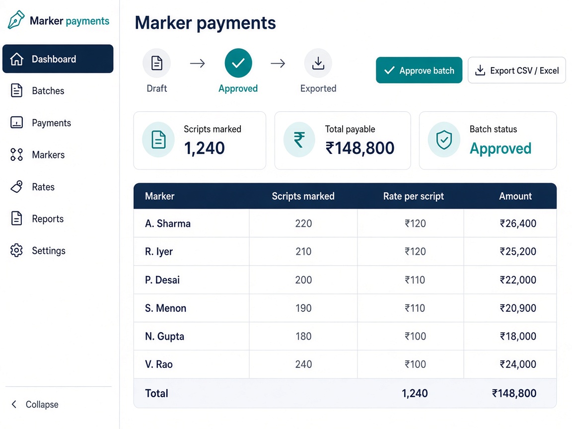 Marker payment batch showing scripts marked, rate, and amount per marker with approve and export buttons
